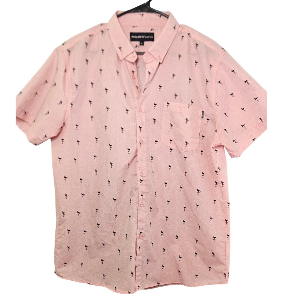 Molokai Surf Co Mens XL Pink Flamingo Print Short Sleeve Button Down Shirt Beach